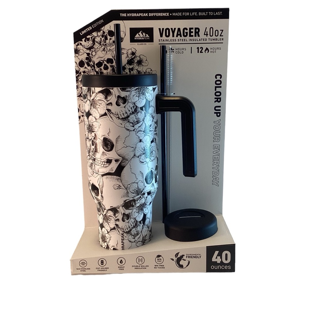 HydraPeak Water Bottle Tumbler Voyager 40 oz Stainless Steel SKULLS & FLOWERS
